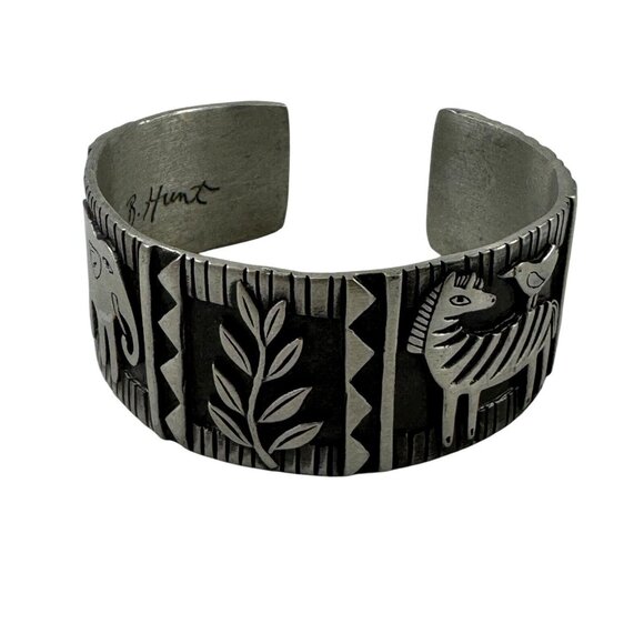 JB Hunt Engraved Pewter Cuff Bracelet Wild Kingdom Zebra Elephant Vintage - Picture 1 of 8
